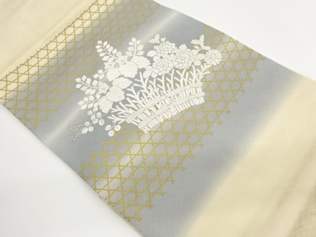 Nagoya obi with gold and silver embroidery, baskets with bamboo fence and autumn
